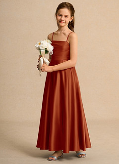 Azazie Pebbles Junior Formal Jurken voor bloemenmeisjes A-Lijn Jurk van Mat Satijn Geplooid Paprika image6