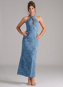 Azazie Marlissa Bridesmaid Dresses Steel Blue Sheath Pleated Floral Burnout Dress image1