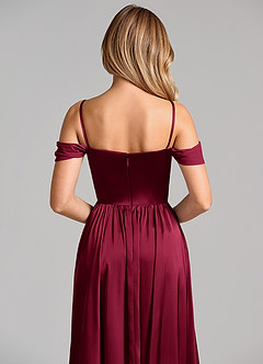 Azazie Raisa Bridesmaid Dresses Burgundy A-Line Off the Shoulder Stretch Satin Dress image2