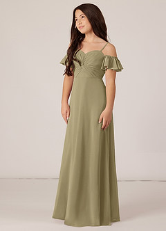 Azazie Juna Junior Robe Trapèze en Mousseline de soie Épaule décolletée Vert Mousse image3