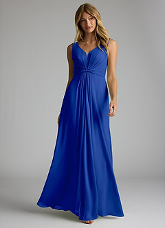 Azazie Gina Robes de demoiselle d'honneur Robe Trapèze en Mousseline de soie Col V plissé Bleu Roi image1