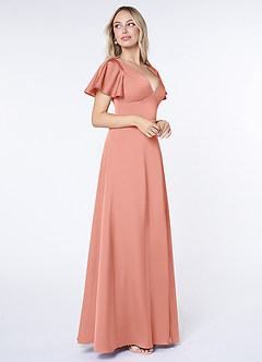 Azazie Lani Bridesmaid Dresses Coral A-Line Flounce Sleeve Stretch Satin Dress image4