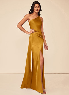 Azazie Maron Bridesmaid Dresses Butterscotch A-Line One Shoulder Stretch Satin Dress image3
