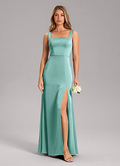 Azazie Frostine Bridesmaid Dresses Aqua A-Line Bow Stretch Satin Dress image3