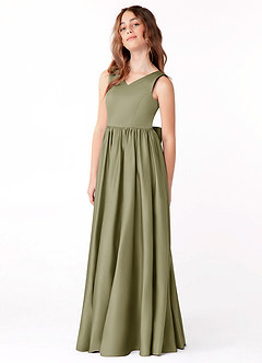 Azazie Hathaway Junior Vestido de Pistacho de Satén Elástico de Corte En A con Lazo image4