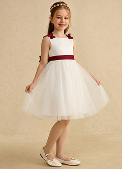 Azazie Lona Abiti da Ragazza di Fiori Abito A-Line in Raso Opaco Fiocco Avorio Borgogna image1