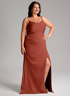 Azazie Deandra Vestidos de damas de honor Vestido de Terracota de Satén Elástico de Corte Sirena con Plisado image10