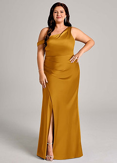 Azazie Madelyn Bridesmaid Dresses Butterscotch Mermaid One Shoulder Stretch Satin Convertible Dress image9