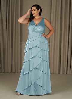 Azazie Viola Mother of the Bride Dresses Moody Blue A-Line Pleated Stretch Satin Dress image6