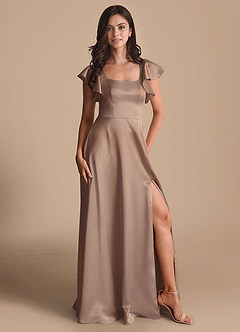 Azazie Bondi Bridesmaid Dresses Taupe A-Line Bow Metallic Satin Dress image5