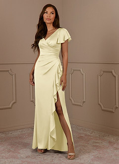 Azazie Roya Moeder van de bruid jurken Zeemeermin Jurk van Stretch Satijn V-hals geplooid Citroensorbet image1