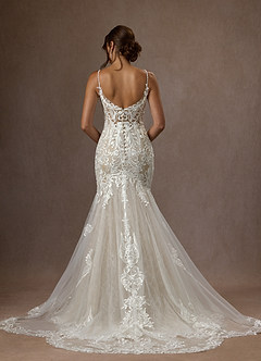 Azazie Camlynn Wedding Dresses Diamond White Nude Mermaid V-Neck Sequins Tulle Dress image2