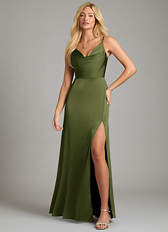 Azazie Sarella Bridesmaid Dresses Olive A-Line Pleated Stretch Satin Dress image4