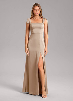 Azazie Frostine Bridesmaid Dresses Taupe A-Line Bow Stretch Satin Dress image5