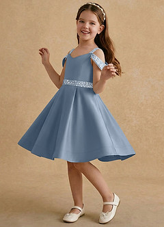 Azazie Judi Jurken voor bloemenmeisjes A-Lijn Jurk van Mat Satijn Stoffig Blauw image3