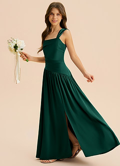 Azazie Dotty Junior Emerald A-Line Pleated Stretch Satin Dress image5