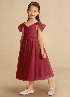 Azazie Lizzette Flower Girl Dresses Pomegranate A-Line Ruched Tulle Dress image5