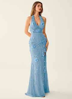 Blairsofire Blue 3D Flower Beading Sequin Embroidery Mesh Prom Dress image5