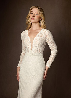 Azazie Indie Wedding Dresses Cream Sheath V-Neck Tulle Dress image7