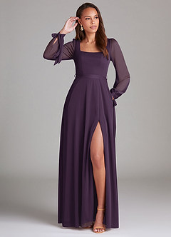 Azazie Leonia Bridesmaid Dresses Plum A-Line Long Sleeve Mesh Dress image1