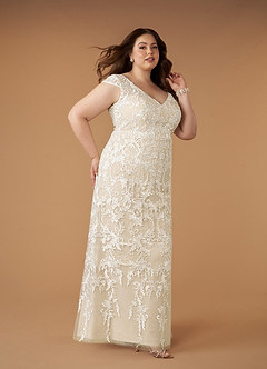 Azazie Devonna Wedding Dresses Diamond White Champagne Sheath V-Neck Sequins Lace Dress image8