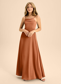 Azazie Anselie Junior Copper A-Line Off the Shoulder Stretch Satin Dress image3