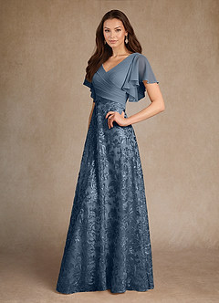 Azazie Fallon Mother of the Bride Dresses Dusty Blue A-Line Pleated Lace Dress image2