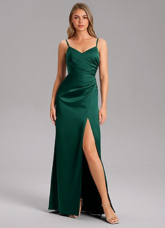 Azazie Azuree Bridesmaid Dresses Emerald A-Line Pleated Stretch Satin Dress image6