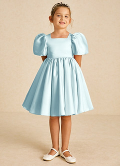 Azazie Muffin Flower Girl Dresses Sea Glass A-Line with Sleeves Matte Satin Dress image2