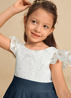 Azazie Vetty vestidos de niña de las flores Vestido de Marfil Azul Petróleo de Tul de Corte En A con Encaje image8