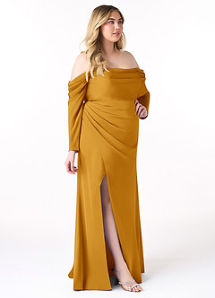Azazie Hallie Bridesmaid Dresses Butterscotch Sheath Off-The-Shoulder Long Sleeve Stretch Satin Convertible Dress image11
