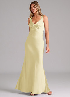 Azazie Kamila Bridesmaid Dresses Lemon Sorbet A-Line Pleated Stretch Satin Dress image3