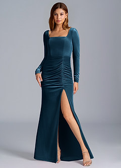 Azazie Addie Abiti da Damigella Abito Tubino in Velluto Manica Lunga Topazio Blu image5