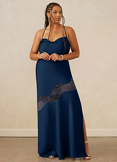 Christian Siriano Bridal for Azazie 1012 Bridesmaid Dresses Dark Navy Sheath Lace Stretch Satin Dress image8