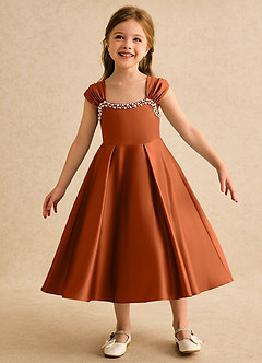 Azazie Yosemite Blumenmädchenkleider Ballkleid Herzausschnitt Matte Satin Kleid Gebranntes Orange image3