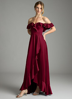 Azazie Lyra Bridesmaid Dresses Burgundy A-Line Off the Shoulder Stretch Satin Convertible Dress image7