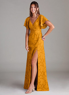 Azazie Ambrosia Bridesmaid Dresses Butterscotch A-Line Pleated Floral Burnout Dress image4