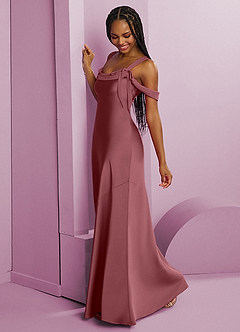Barbie ♥ Azazie Robes de demoiselle d'honneur Robe Fourreau en Satin extensible Plissée Rose Du Désert image4