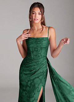 Azazie Denisa Bridesmaid Dresses Dark Green Sheath Pleated Floral Burnout Dress image6