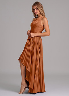 Azazie Lyrica Bridesmaid Dresses Copper A-Line One Shoulder Stretch Satin Dress image5