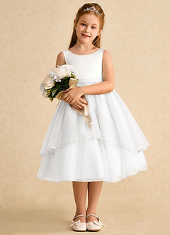 Azazie Rene Blumenmädchenkleider A-Linie Schleifen Tüll Kleid Elfenbein Weiß image3