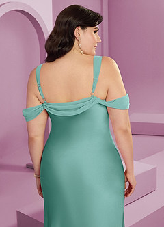 Barbie ♥ Azazie Bridesmaid Dresses Aqua Sheath Pleated Stretch Satin Dress image2