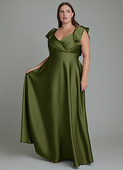 Azazie Leilani Bridesmaid Dresses Olive A-Line Ruched Stretch Satin Dress image1
