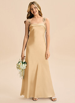 Azazie Willa Junior Gold A-Line Bow Stretch Satin Dress image4