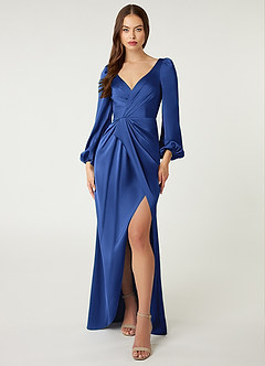Azazie Mel Bridesmaid Dresses Royal Blue Sheath Long Sleeve Stretch Satin Dress image1