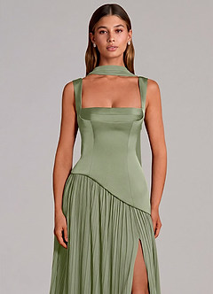 Azazie Stephanie Robes de demoiselle d'honneur Robe Trapèze en Satin extensible Plissé Pistache image6