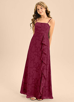 Azazie Kaylee Junior Burgundy A-Line with Belt Floral Burnout Dress image5