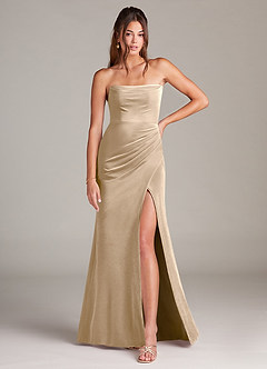 Azazie Leonis Final Sale Champagne Mermaid Strapless Velvet Dress image3