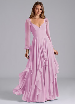 Azazie Karan Robes de demoiselle d'honneur Robe Trapèze en Mousseline de soie Manche longue Rose Bonbon image1