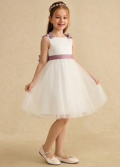 Azazie Lona Jurken voor bloemenmeisjes A-Lijn Jurk van Mat Satijn Boog Ivoor Stoffige Roos image1